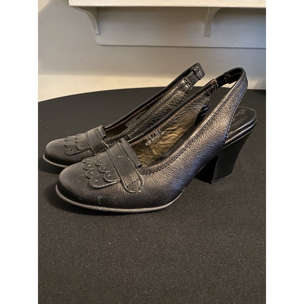 Born Sling back Strappy Black Leather Heels 7.5 Fringe Boho Bohemian Casual